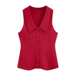 YUEZHONGWEI | Red Polo Neck Knitted Vest Women Summer Outdoor Wear Slim Fit Turn Collar Sleeveless Dopaamine Style Top Commute Fashion
