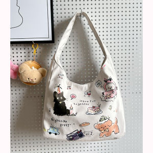 2024 New Coffee Cat Single Shoulder Bag Large Capacity Canvas Tote Bag for Women Commuting Outing Handbag Korean Style Casual
