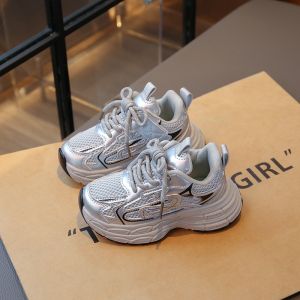 Girls Silver Dad Shoes Thick Bottom Casual Sneakers mid to Large Children Sports Shoes Anti Slip Rubber Sole Breathable Inner Material