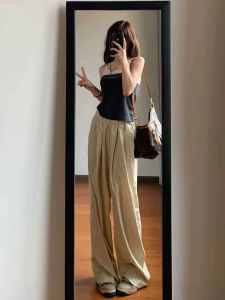 กางเกงขากว้างเอวสูงทรงหลวมสไตล์ญี่ปุ่นสำหรับผู้หญิงในฤดูร้อน กางเกงขายาวทรงหลวมสบายๆ ทรงสลิมฟิต ทรงหลวม ทรงสลิมฟิต