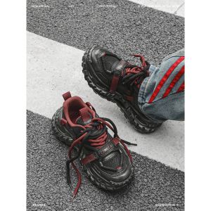 Red Dad Shoes Breathable Mesh Sporty Casual Shoes Thick Bottom Rubber Sole Comfortable Running Shoes for Men Summer Shoes