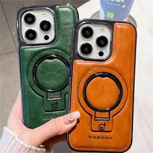 CrashStar With Ring Holder Adjustable Stand MagSafe  Luxury Genuine Leather Phone Case For iPhone 15 14 13 12 Pro Max Wireless Charging Business Hard Shockproof Phone Casing Cover Shell Hot Sale