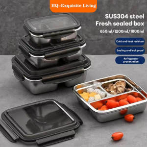 304 Stainless Steel Fresh-Keeping Box Refrigerator Organizer Storage Box With Lid Lunch Box Divided Bento Box Student Workers Lunch Food Storage