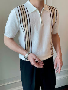 เสื้อโปโลคอตั้งแขนสั้นผู้ชาย ผ้าถัก ระบายอากาศได้ดี ลำลอง ฤดูร้อน ปิดด้วยซิปครึ่งตัว ลายทาง เสื้อยืด แฟชั่น