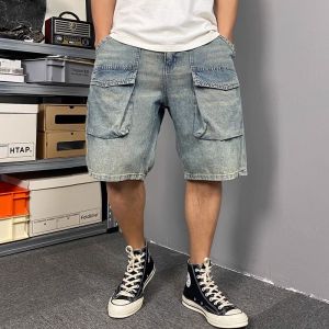 High-End Mens Denim Shorts with Large Pockets Loose Straight Cut Five-Quarter Length Summer New Style Casual Breathable Jeans
