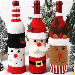 Christmas Sweater Bottle Cover Set Santa Snowman Knitted Bottle Bag Christmas Party Dinner Table Decoration