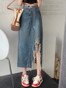 150 Small Short Irregular Slit Denim Skirt Womens Summer High Waist Slim Looking Mid Length Long Length A- Line Skirt Xs High