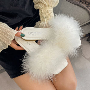 Korean Style Flat Bottom Fur Slippers Womens Outdoor Fashion Low Heel Sandals Feathers One-Strap Slip-On Shoes for Youth