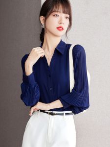 เสื้อเชิ้ตแขนพองสีน้ำเงินฝรั่งเศส ทรงหลวม แขนยาว คอวี ทรงปกติ ผ้าโพลีเอสเตอร์ 100% เสื้อเชิ้ตผู้หญิง ฤดูใบไม้ผลิและฤดูใบไม้ร่วง