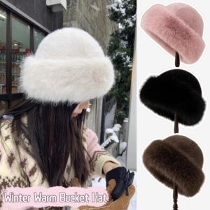 Winter Plush Bucket Hat Women Thickened Warm Faux Fur Fluffy Plush Mongolian Windproof Fashion Basin Fluffy Skiing Riding Caps