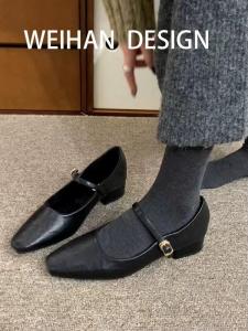 Elegant Leather Mary Jane Shoes French Style Single Shoes Vintage Square Head Commute Buckle Thick Heel Small Leather Shoes