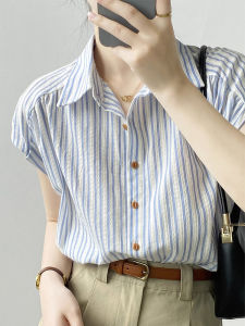 French Elegant Striped Short Sleeve Shirt Women Summer Loose Top  Style Button down Cotton Polyester Blend Casual Shirt