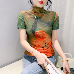 REHIN Autumn/Winter High Neck Mesh Short Sleeve T-shirt with Floral Print Elegant Womens Top