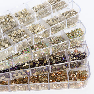 12 Grids Mixed Size Rhinestones Gold Bottom Non-Hotfix Glitter Glass Multi Size Nail Art Crystal For Clothes Decoration Parts