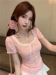 GUZILIAN | French Style Bubble Sleeve Pink Short Sleeve T-Shirt Women Summer Pure Desire Sweet Spicy Lace Square Collar Mini Top Unique Beautiful