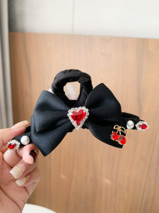 Elegant Satin Butterfly Knot Hair Clip Cherry Heart Rhinestone Shark Fin Princess Style Hair Accessory for Women