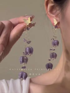 Violet Bell Chinese Style Long Dangle Earrings Womens Ancient Fashion Purple Bell Flower Ear Jewelry Tassel Drop Earrings