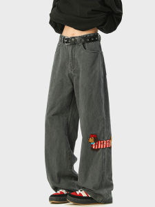 Casual Loose Womens Jeans Embroidered Sausage Dog Pattern Straight Leg Wide Leg Pants Autumn Season Natural Waist Zipper Closure