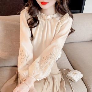 Elegant Long Sleeve Womens Shirt Butterfly Knot Chiffon Top Autumn Style Beautiful Small Spring Fashion Commute Simple Straight