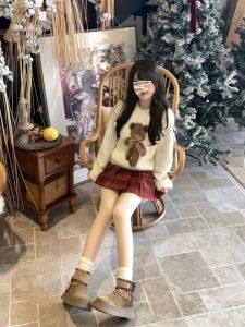 Christmas Atmosphere Sweater Skirt Set College Style  Sweet Two-Piece Outfit High Waist A-Line Mini Autumn Winter