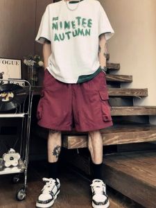 กางเกงขาสั้นทรงหลวมสไตล์อเมริกันลำลองสำหรับผู้ชาย กางเกงขายาวทรงห้าส่วน ทรงหลวม ทรงหลวม สไตล์ญี่ปุ่น