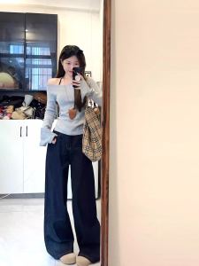 Gray Shoulder Bared Long Sleeve Knitted Sweater Womens Fashion Slimming Chic Top Trendy Commute Style Korean Version Pure Color