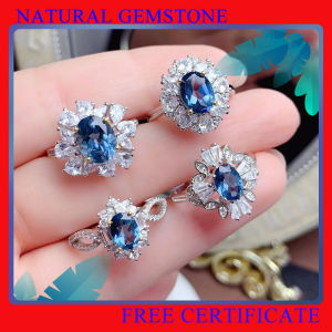 Natural London Blue Topaz Ring Luxury Womens 925 Silver Flower Adjustable Size Ring