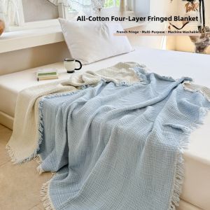 NAIYOUCHENG | 100 Cotton 4-layer Lace Fringe Air Conditioning Blanket