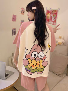 Womens Summer Pure Cotton Short Sleeve Sleepwear Cute Cartoon Print Thin Home Clothes Set Comfortable Breathable Nightgown