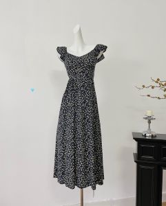 ชุดเดรสยาวปานกลางแขนสั้นเปิดหลังพิมพ์ลายดอกไม้สำหรับผู้หญิง ฤดูร้อนปี 2024 เอวสูงกระโปรงทรงเอ ชุดทำงาน ชุดเดรสยาวปานกลาง