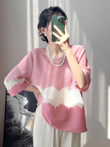 Elegant Pink Slimming Folded Color Block Beaded round Neck Loose T-Shirt Korean Style Commute Polyester Fiber Summer Top