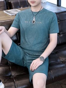 Summer Thin Sport Casual Set Short Pants Sleepwear Men Solid Color Flower Pressing Ice Silk Short Sleeve T-Shirt One Piece