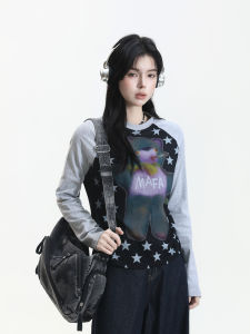 zuocisankon | Korean Style Youthful Color Block Raglan Cartoon Star Pattern Long Sleeve Loose Fit T Shirt
