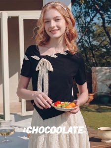 Off-Shoulder Ribbon Bow T-Shirt Black