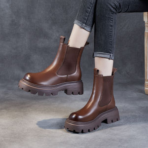 รองเท้าบูทมาร์ตินหนังแท้แนววินเทจสไตล์อังกฤษที่นิยมในโลกออนไลน์รองเท้าบูทสั้นเชลซีทรงบุหรี่พื้นหนาทรงมัฟฟินหนังวัวแท้แบบใหม่ฤดูใบไม้ร่วงสำหรับผู้หญิง