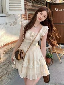 French Sweet Style Prince Wind A-Line Skirt for Women Summer Short Sleeve Square Collar Single Piece Dress