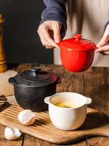 LePantry Double Ear Small Stew Pot Ceramic Steamed Egg Soup Bowl with Lid Deepened Dessert Steamed Egg Pudding Special Soup Bowl