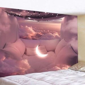 VIKAMA Cloud Crescent Tapestry Wall Art for Bedroom Living Room Decoration Pink Purple Cloud Sea Dreamy Sofa Bent Moon Warm