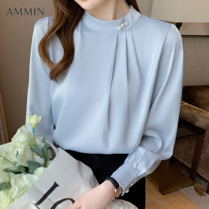 AMMIN 2023 Korean version of the fashion temperament long-sleeved casual commuting office design sense beading satin blouse For women