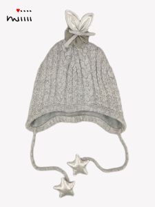 Girls Knitted Hat with Fleece Grey Cute Rabbit Ears Warmth Protection Baby Children Winter Autumn No-Cuff Cap Casual Style Pure Cotton