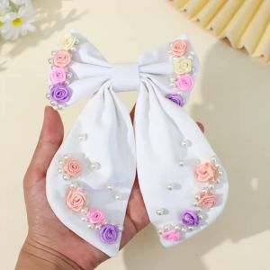 Sweet Flower White Bow Hair Clip Elegant Pearl  Hairpin For Girls Kids Wedding Party Daily Trendy Korean Headwear Accessories
