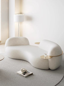 Designer Pea Sofa Curved Abstract Style Creamy Fabric Reception Area Resting Zone Home Furniture Wooden Structure Sponge Filling