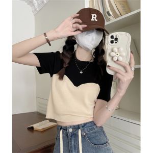 SLIM FIT เสื้อยืดแขนสั้นผู้หญิงสไตล์ฝรั่งเศสฤดูร้อนผ้าไหมน้ําแข็ง Knittop Crewneck เสื้อผ้าทํางานสําหรับงานเลี้ยงวันเกิด