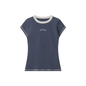 Airhood Summer Color Block Design Retro round Neck Short Sleeve Slim Fit Womens T-Shirt Casual Style Cotton Blend Top