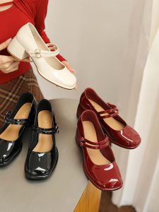 Retro Mary Jane Womens Shoes Red Wedding Shoes Spring Autumn New High Heels Thick Heel Elegance Single Shoes Fashionable Casual