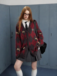 unifree | Áo Cardigan Celebrity Style Chân Vịt Carô Đỏ Cổ V