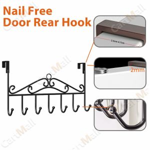 Nail Free Door Rear Hook Door Hanging Clothes Hanging 7 Hooks Hanger Storing Clothes Hat Bag Bedroom Household Organisation There are three colors Black/White/Bronze