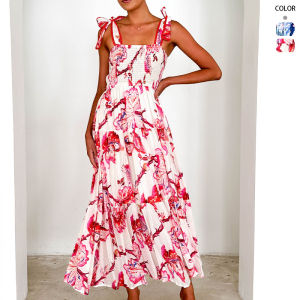 Printed Maxi Dress Long Elastic Waist Print Gown A-Line Silhouette Sleeveless Womens Fashion Polyester Fabric Summer Dress