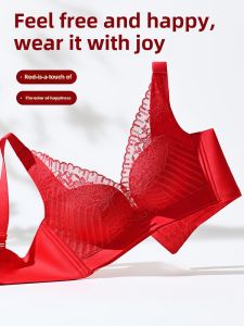 Red Lace Wireless Bra Womens Underwear Luxury Style All Seasons Pure Color Silicone Padded Anti-Sagging Wedding Bra