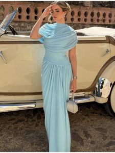 Elegant Shawl Ruched Asymmetrical Maxi Women Dress Summer Light Blue Slim Light Blue Party Dress Female Chic Evening Prom Gowns
